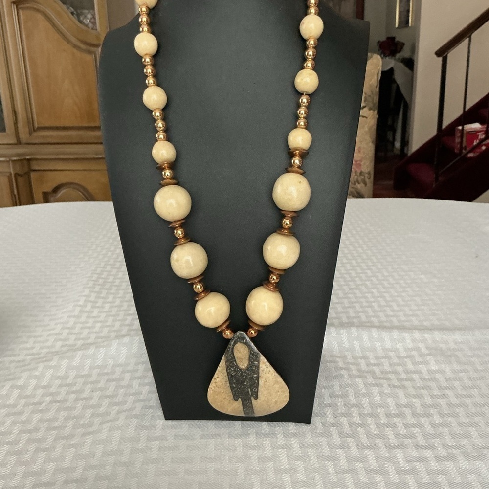 Tan and Bronze Beaded Gold Tone Necklace - Made in the Philippines